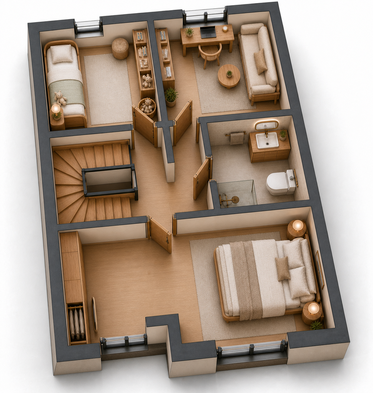 Namo 22.2 – keturbučio dešinės pusės II aukšto 3D planas